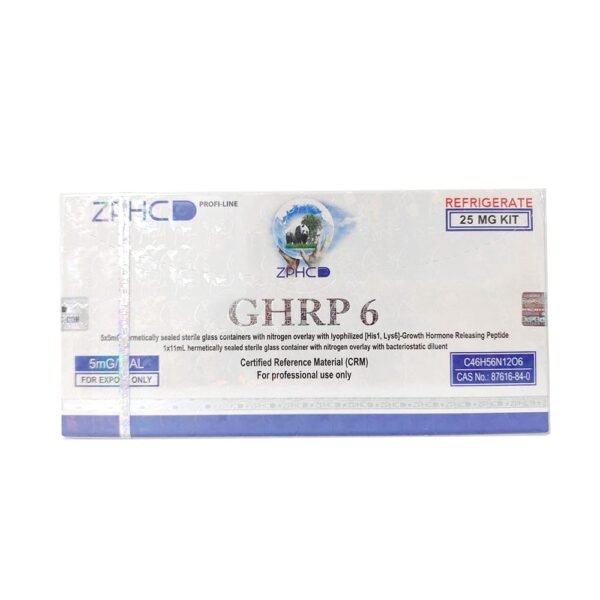 GHRP-6 ZPHC 25 mg peptide kit — front box view (5 vials × 5 mg)